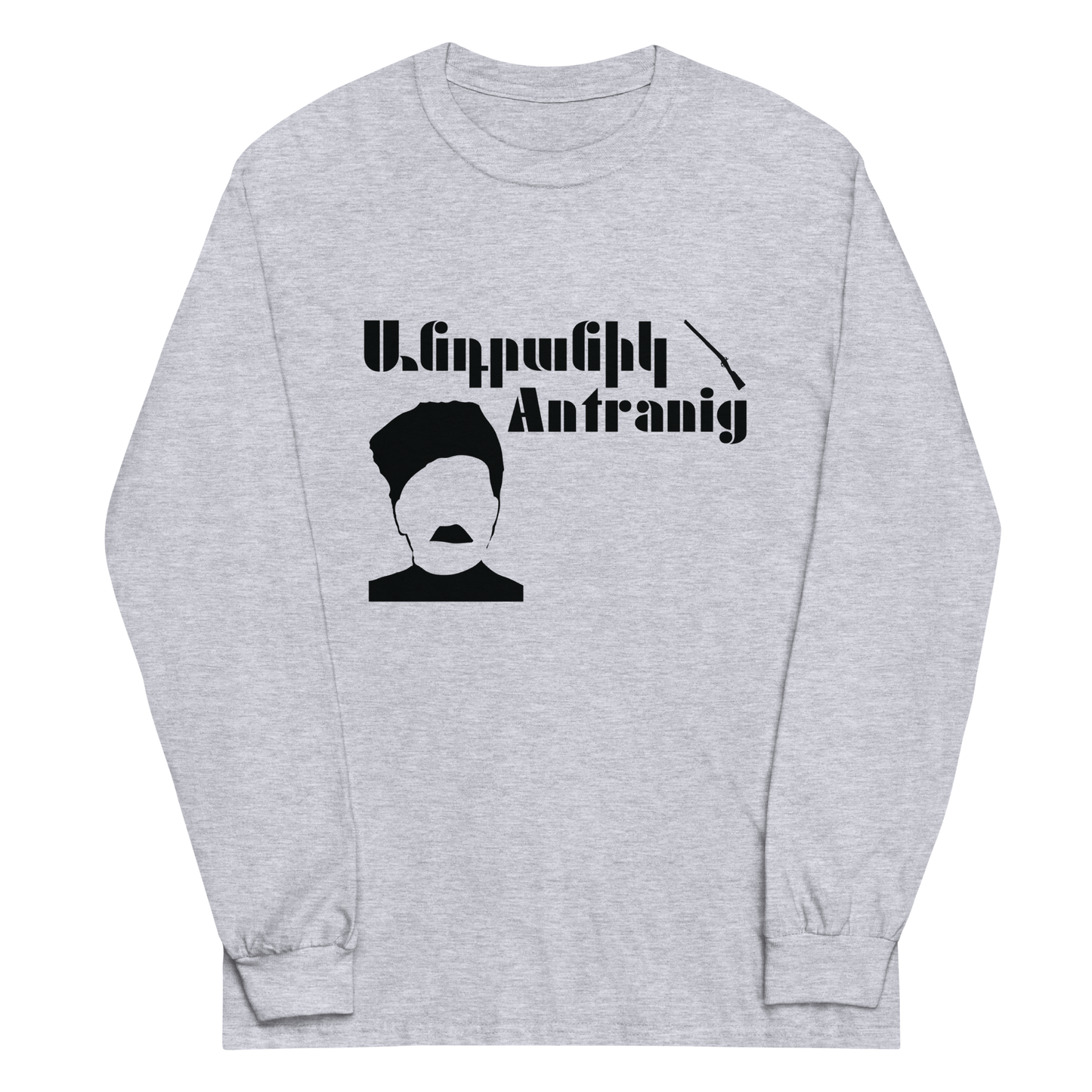 Gray shirt featuring General Antranig design with Armenian script
