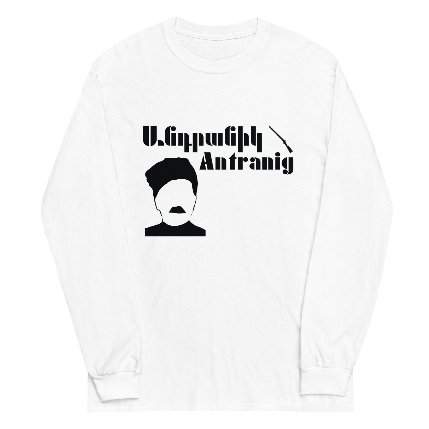 White shirt featuring General Antranig design with Armenian script