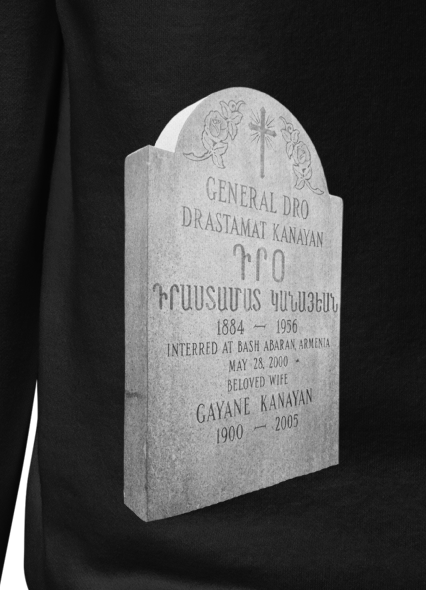 Sweatshirt depicting the two burial sites and gravestones of General Dro, also known as Drastamat Kanayan
