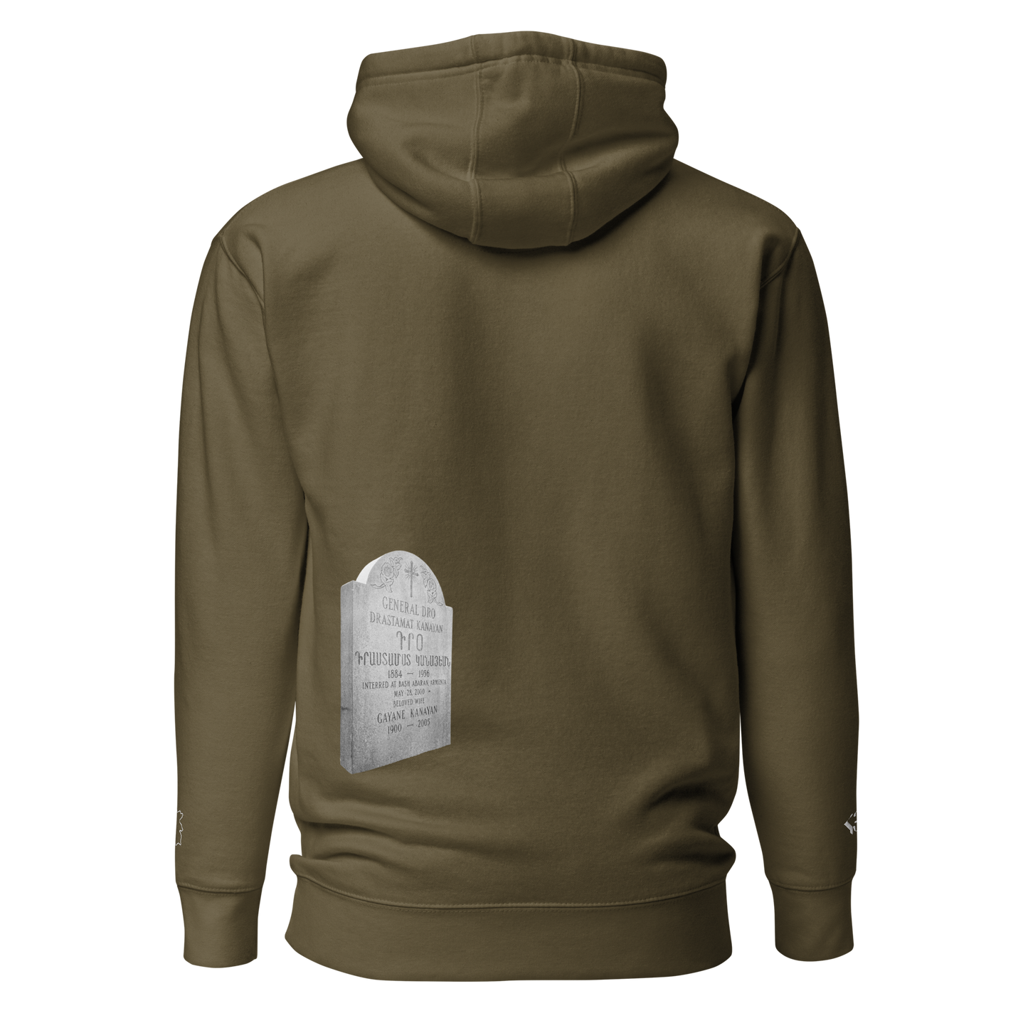 Green sweatshirt depicting the two burial sites and gravestones of General Dro, also known as Drastamat Kanayan