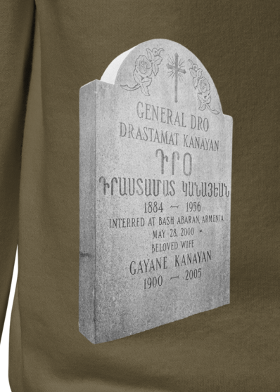 Sweatshirt depicting the two burial sites and gravestones of General Dro, also known as Drastamat Kanayan