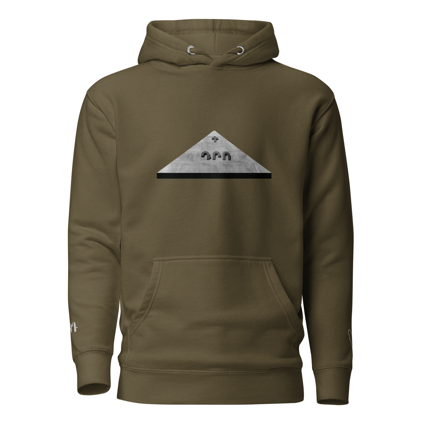 Green weatshirt depicting the two burial sites and gravestones of General Dro, also known as Drastamat Kanayan