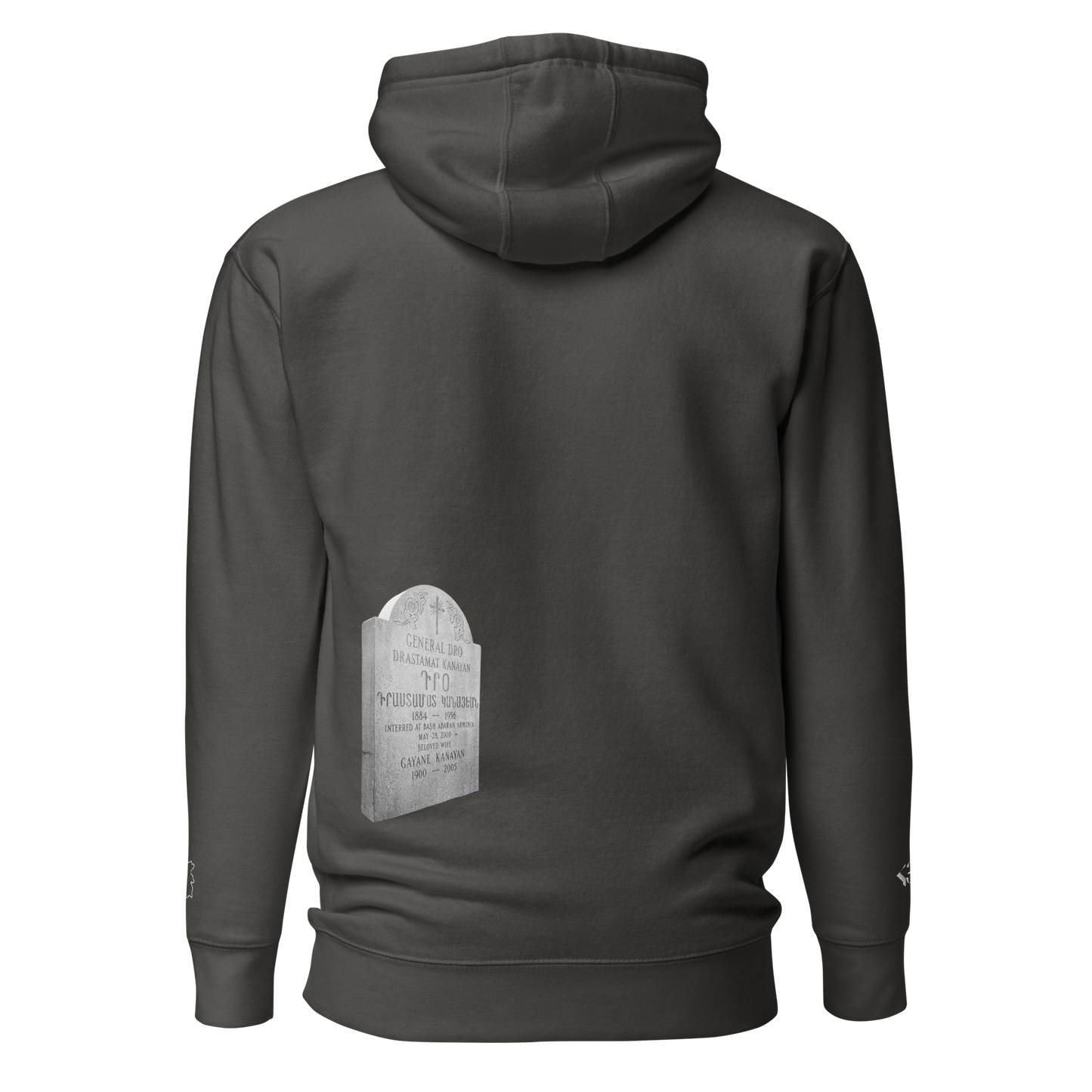 Black sweatshirt depicting the two burial sites and gravestones of General Dro, also known as Drastamat Kanayan