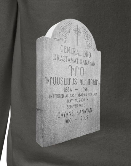 Sweatshirt depicting the two burial sites and gravestones of General Dro, also known as Drastamat Kanayan