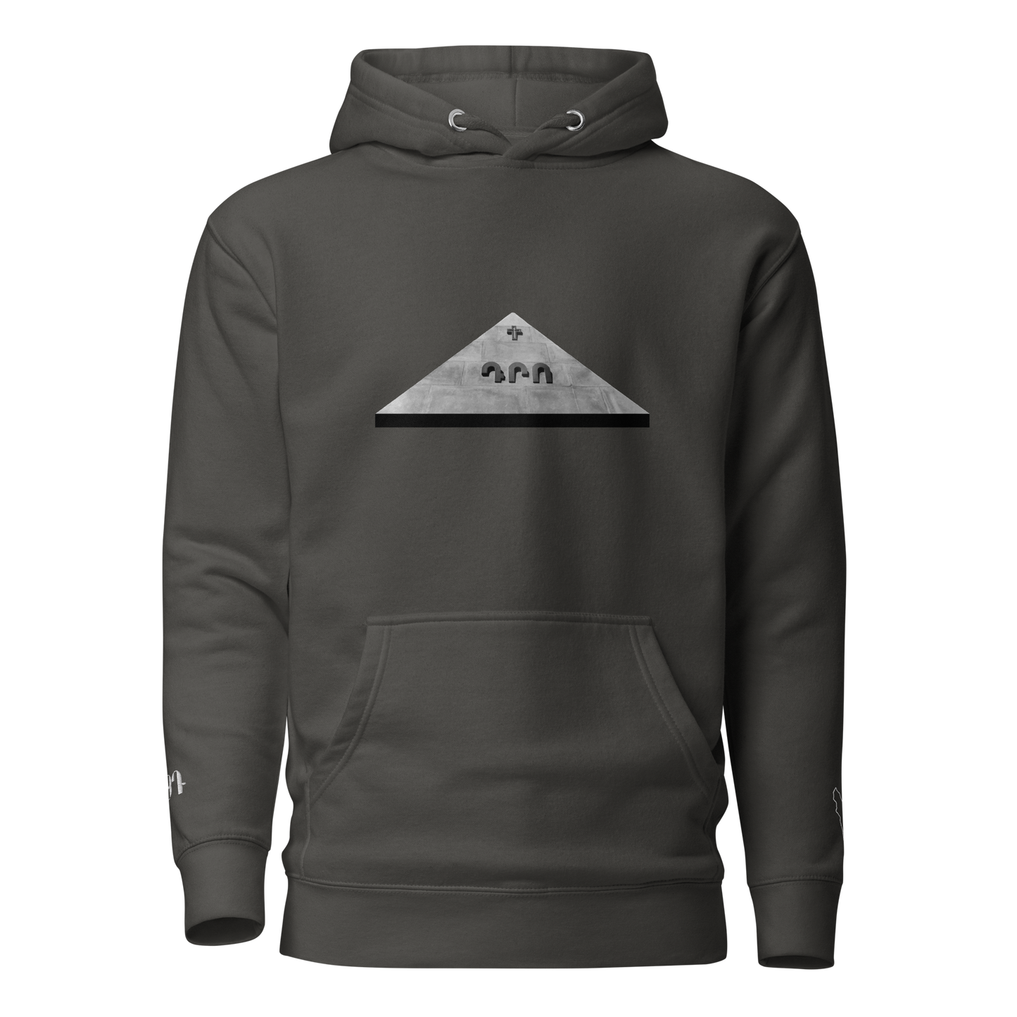 Black sweatshirt depicting the two burial sites and gravestones of General Dro, also known as Drastamat Kanayan