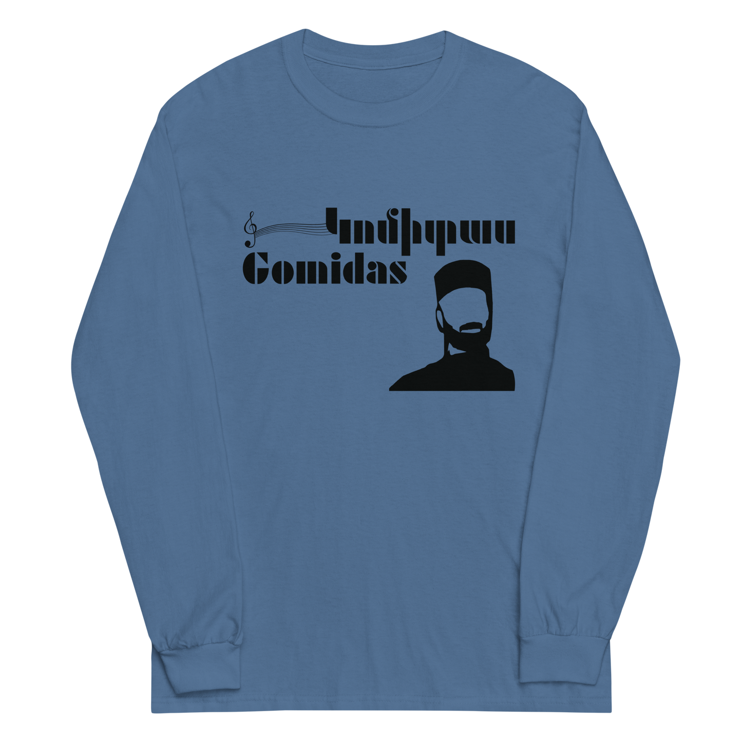 Blue shirt featuring Komitas/Gomidas design with Armenian script