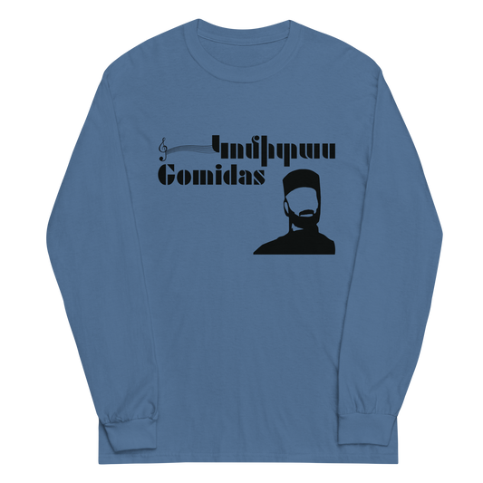 Blue shirt featuring Komitas/Gomidas design with Armenian script