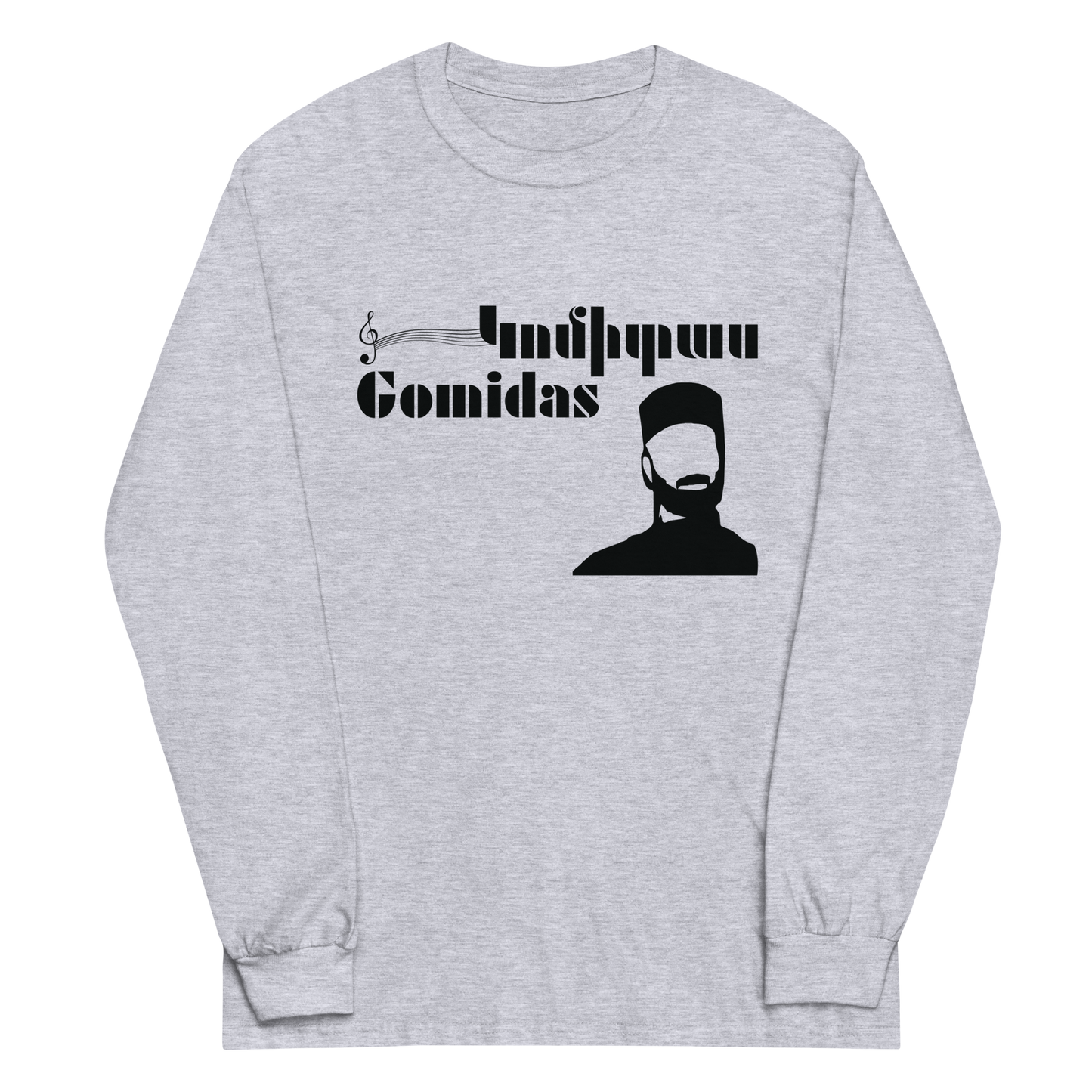 Gray shirt featuring Komitas/ Gomidas design with Armenian script