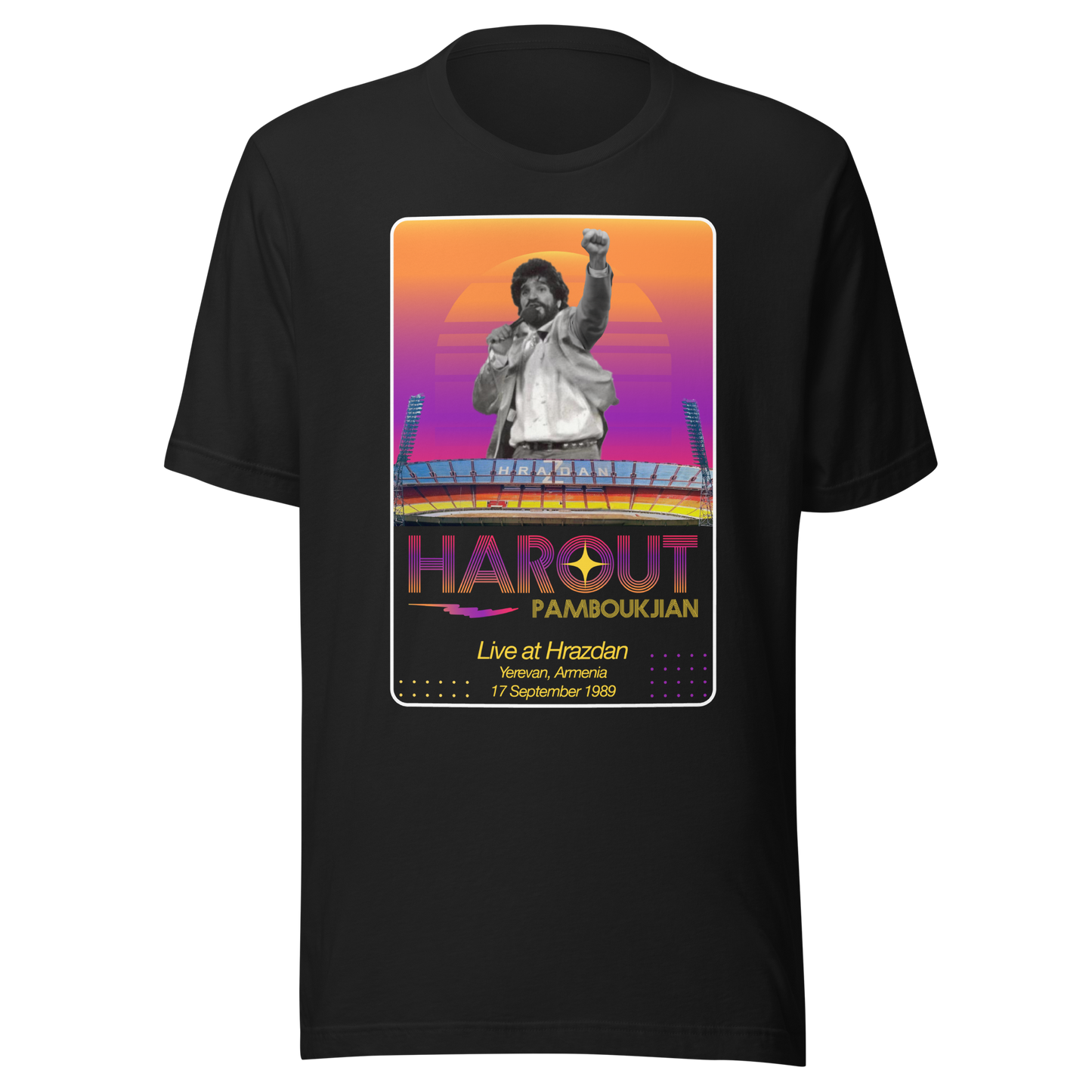 Retro Harout Pamboukjian black shirt depicting his concert at Hrazdan Stadium in 1989