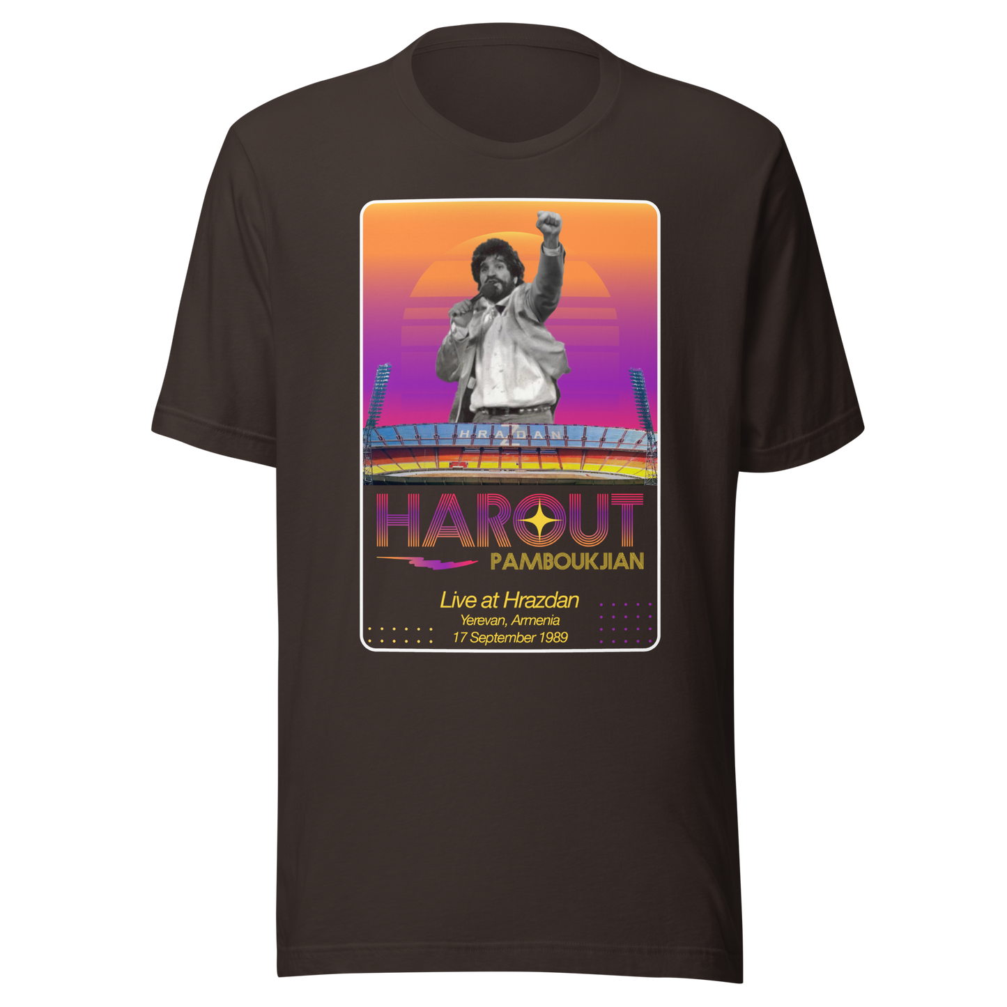 Retro Harout Pamboukjian brown shirt depicting his concert at Hrazdan Stadium in 1989