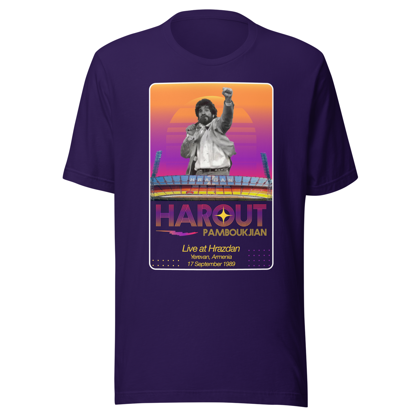 Retro Harout Pamboukjian purple shirt depicting his concert at Hrazdan Stadium in 1989