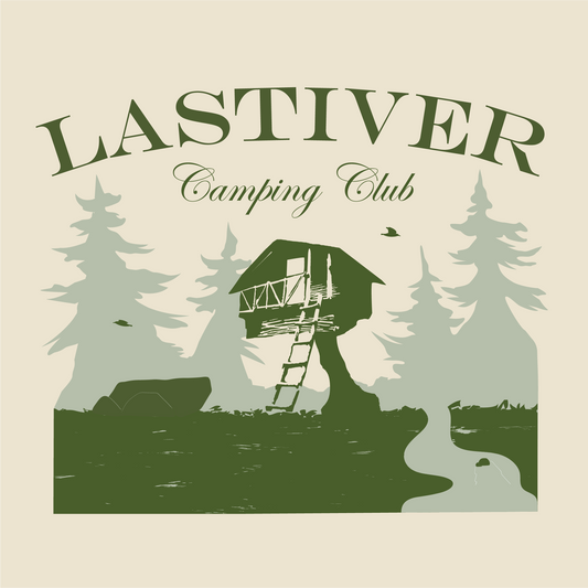 Cream shirt depicting the overnight camping setup in the woods of Lastiver