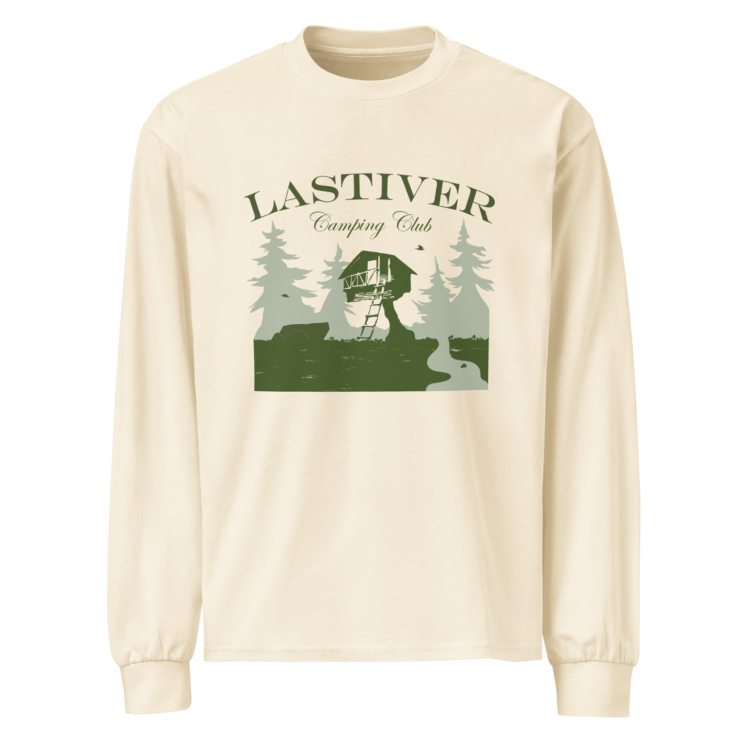 Cream shirt depicting the overnight camping setup in the woods of Lastiver
