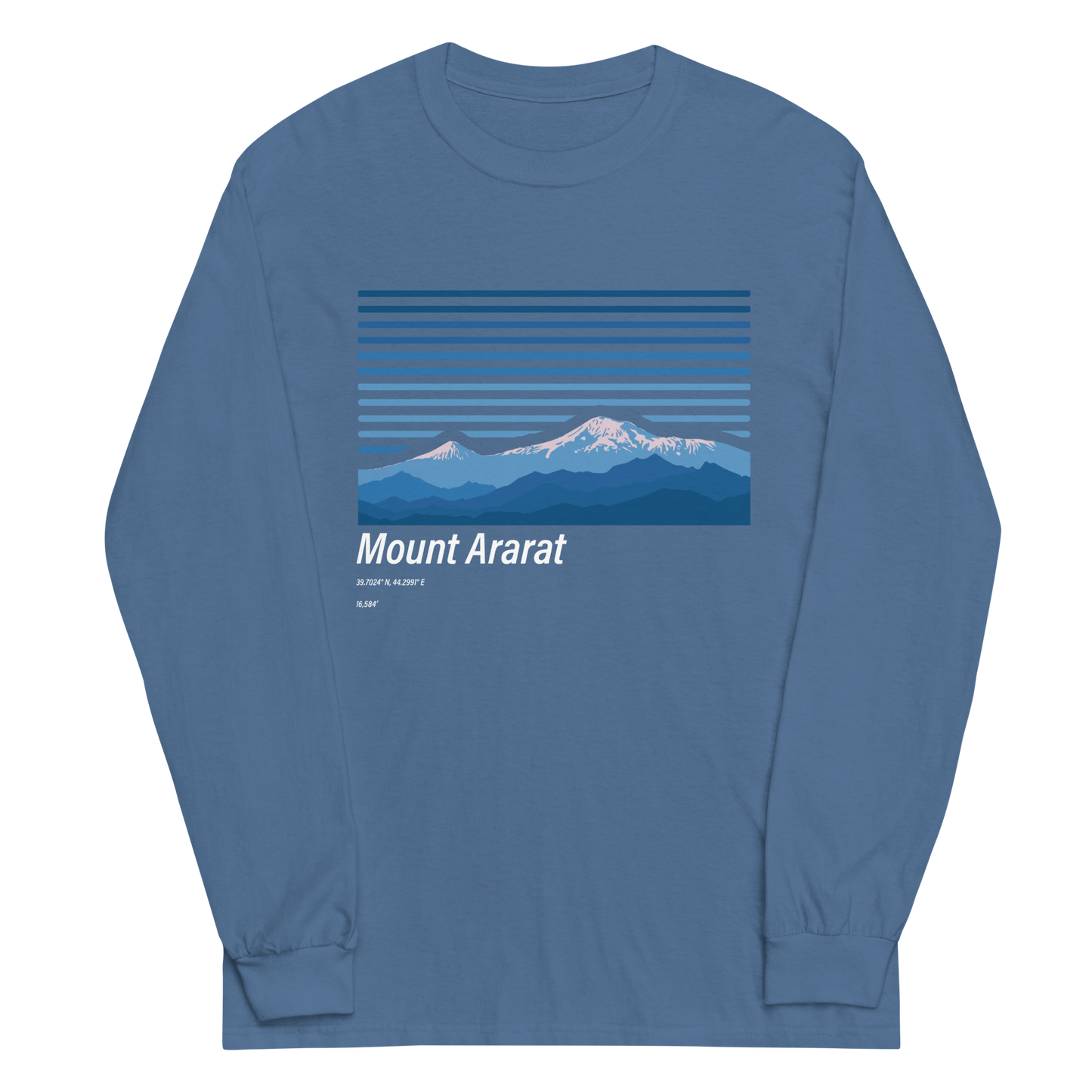 Camping style design blue shirt of Mount Ararat featuring its elevation