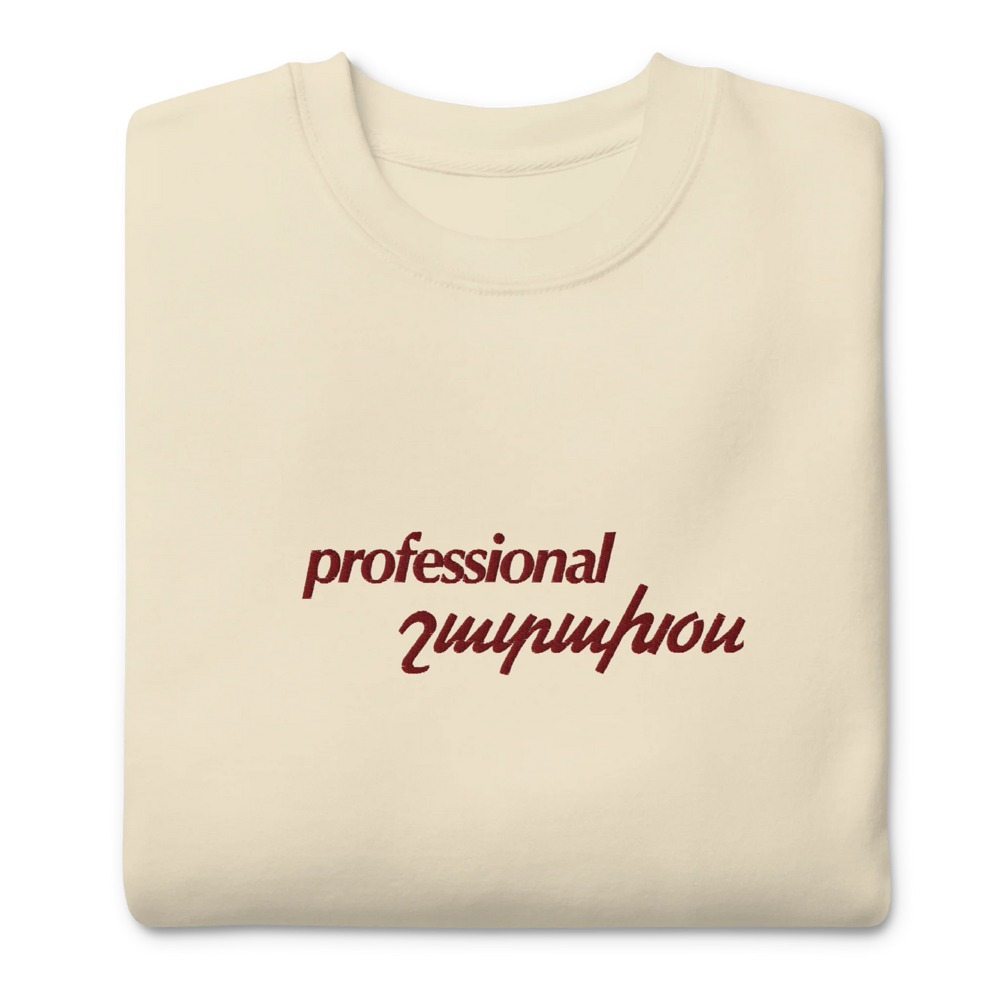 Cream crewneck depicting professional shadakhos, meaning yapper in Armenian