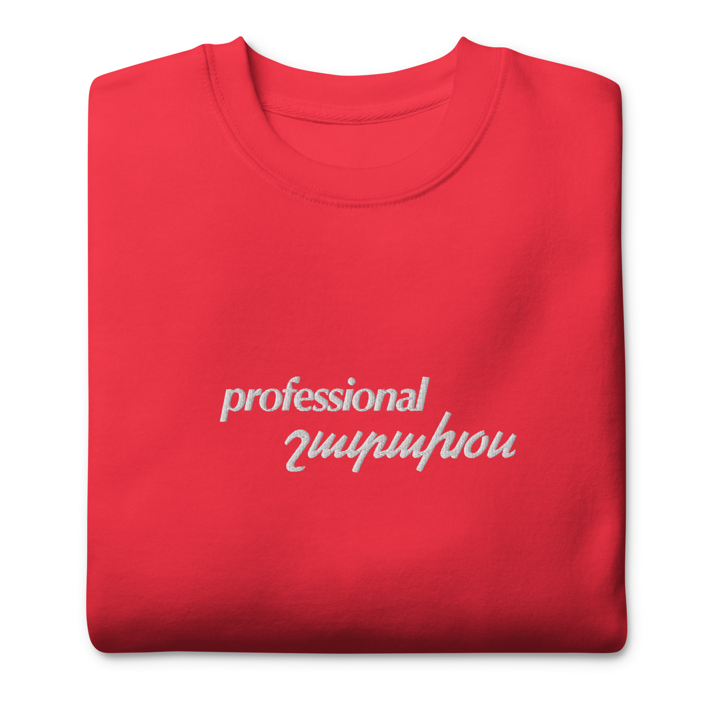 Red crewneck depicting professional shadakhos, meaning yapper in Armenian