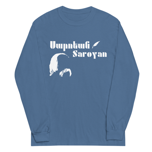 Blue shirt featuring William Saroyan design with Armenian script