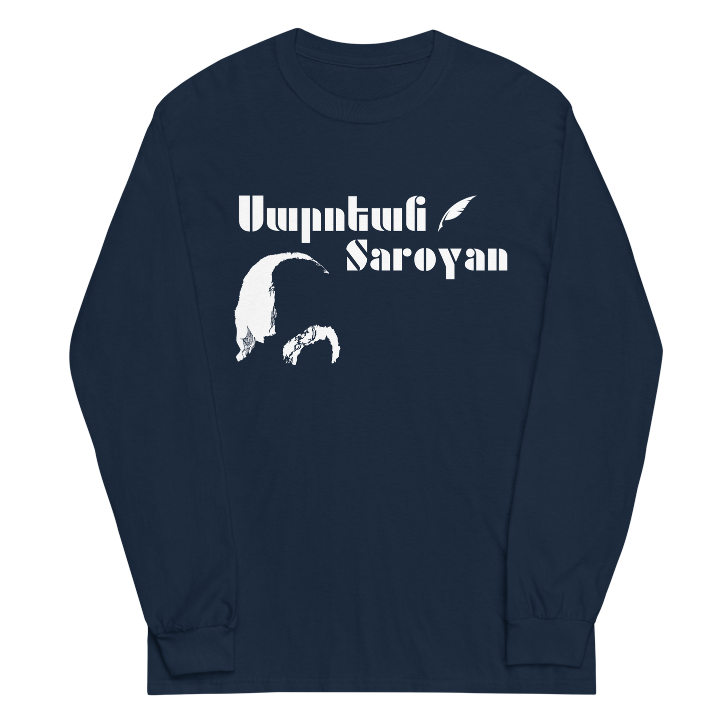 Navy shirt featuring William Saroyan design with Armenian script