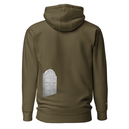 Green sweatshirt depicting the two burial sites and gravestones of General Dro, also known as Drastamat Kanayan