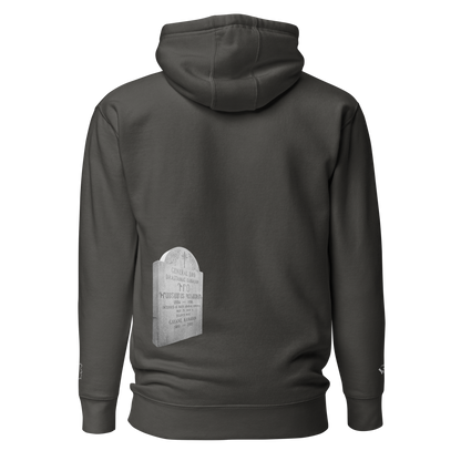 Black sweatshirt depicting the two burial sites and gravestones of General Dro, also known as Drastamat Kanayan