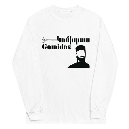 White shirt featuring Komitas/Gomidas design with Armenian script