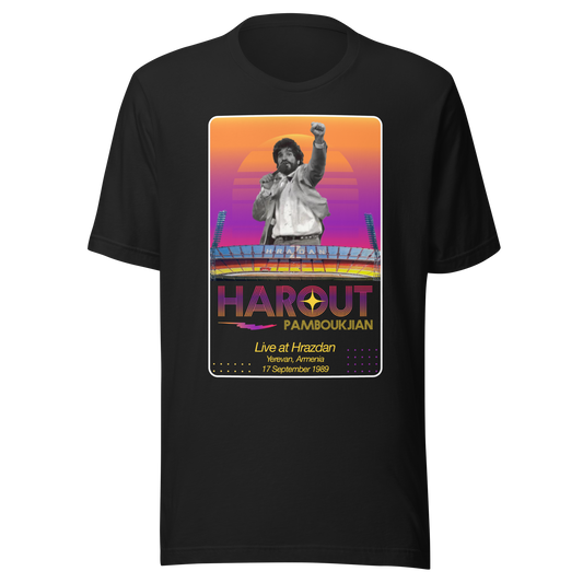 Retro Harout Pamboukjian black shirt depicting his concert at Hrazdan Stadium in 1989