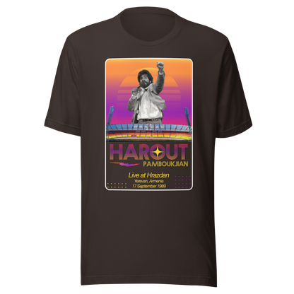 Retro Harout Pamboukjian brown shirt depicting his concert at Hrazdan Stadium in 1989