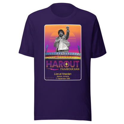 Retro Harout Pamboukjian purple shirt depicting his concert at Hrazdan Stadium in 1989