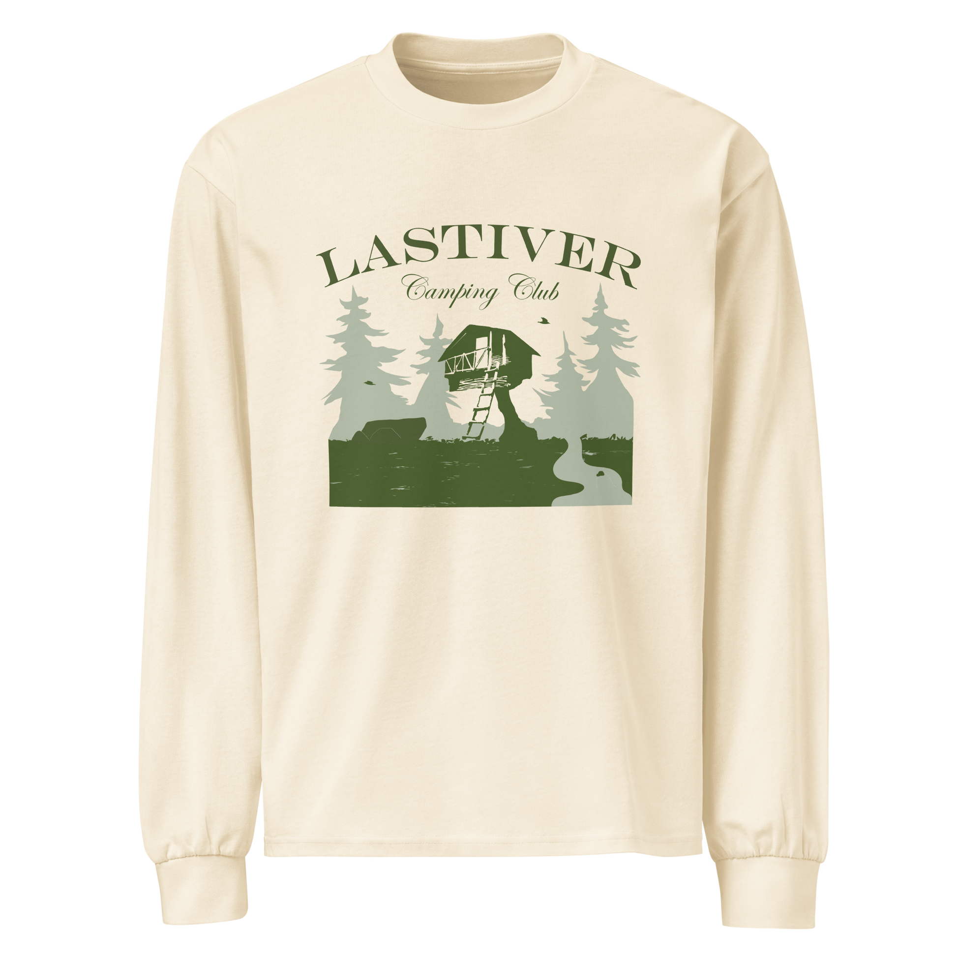Cream shirt depicting the overnight camping setup in the woods of Lastiver