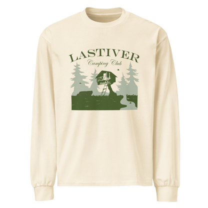 Cream shirt depicting the overnight camping setup in the woods of Lastiver