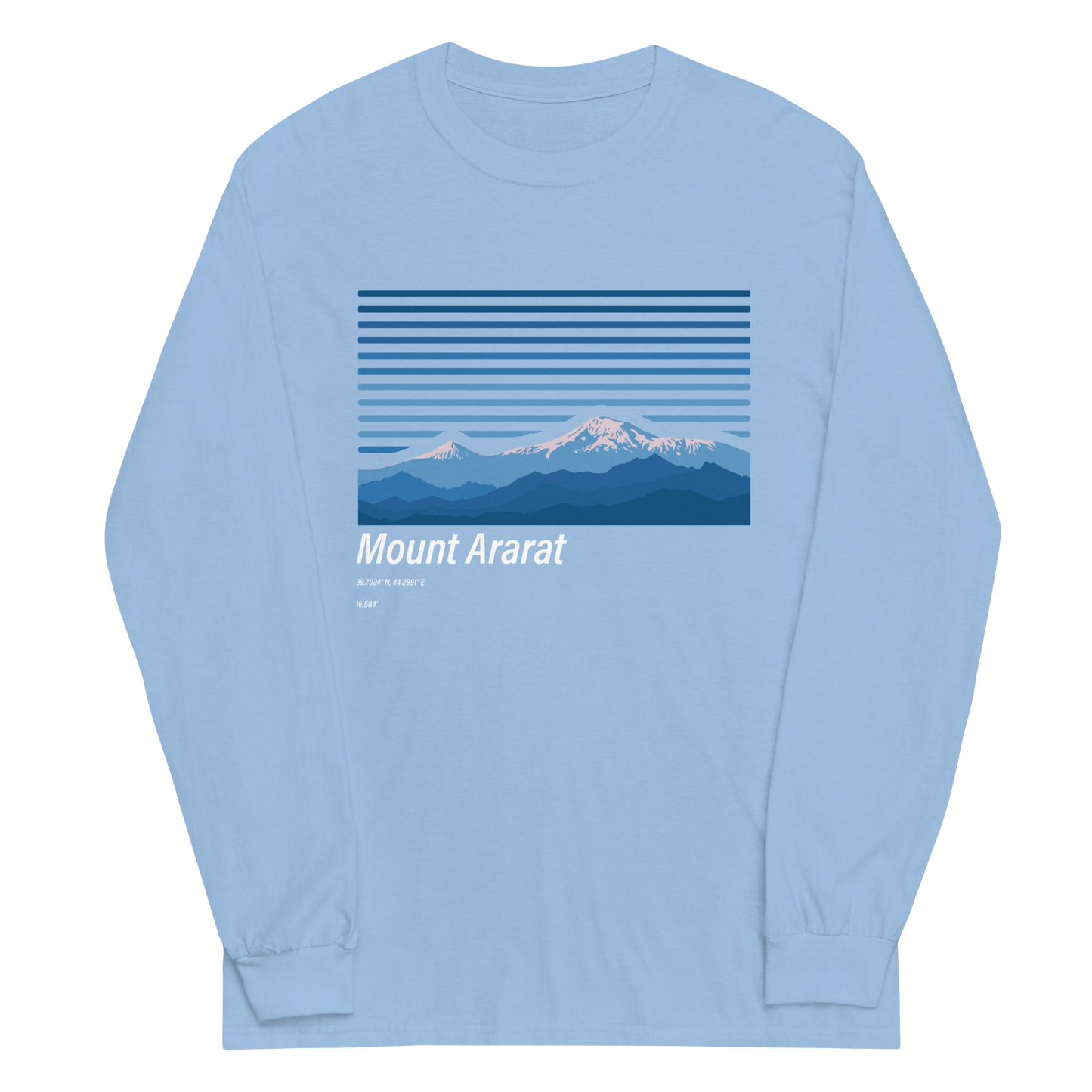 Camping style design baby blue shirt of Mount Ararat featuring its elevation