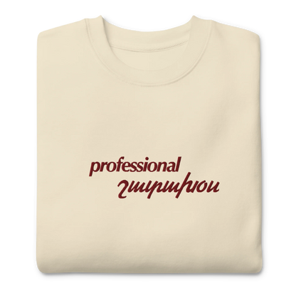 Cream crewneck depicting professional shadakhos, meaning yapper in Armenian