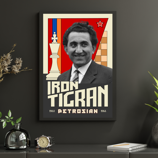 Poster of two-time Armenian chess champion Tigran Petrosian in a vintage style