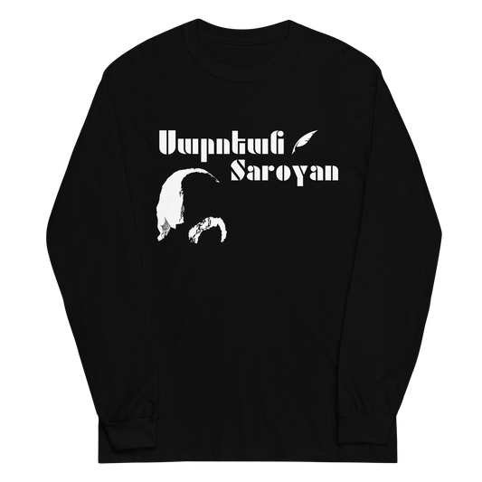Black shirt featuring William Saroyan design with Armenian script