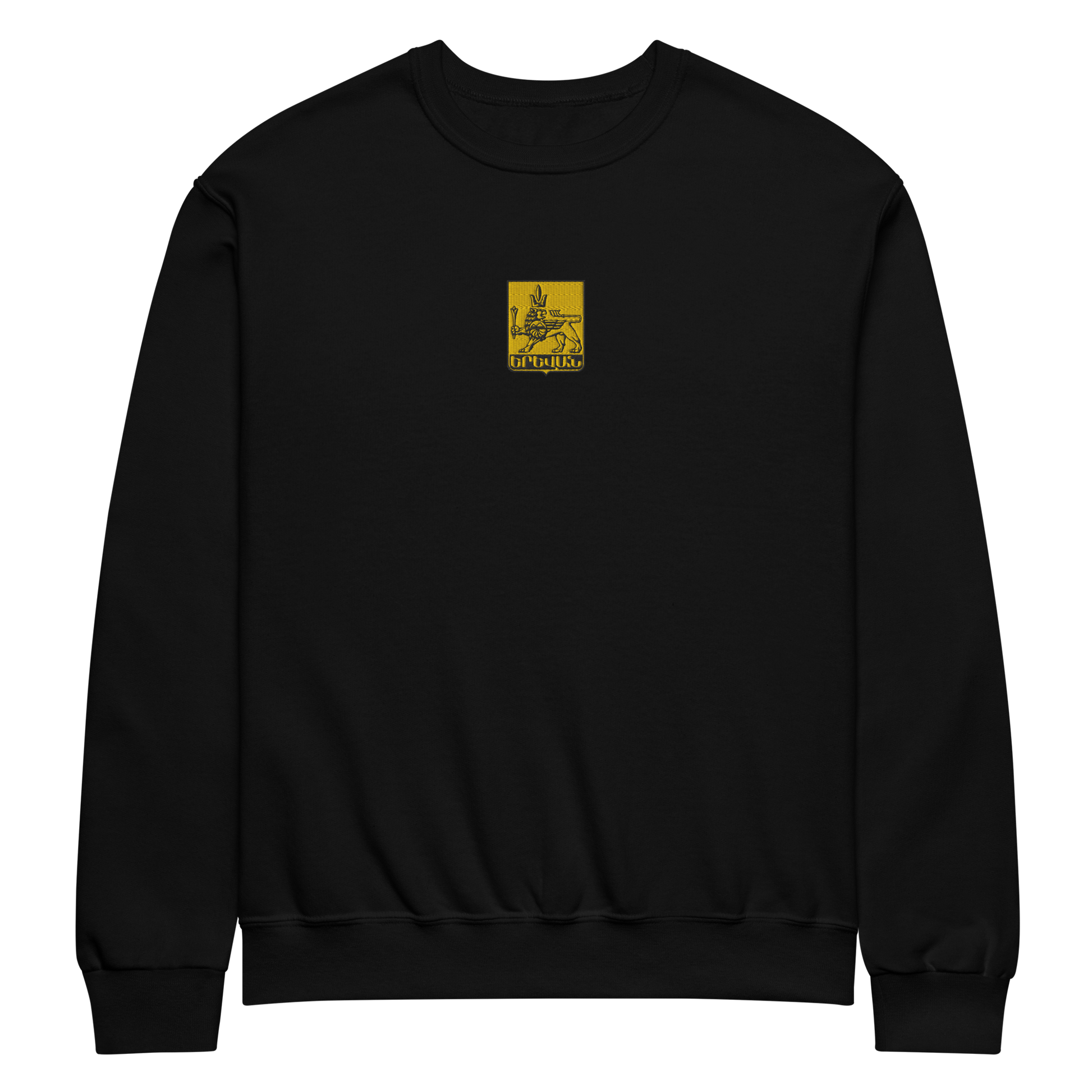 Black crewneck sweatshirt featuring an embroidered emblem of Yerevan 